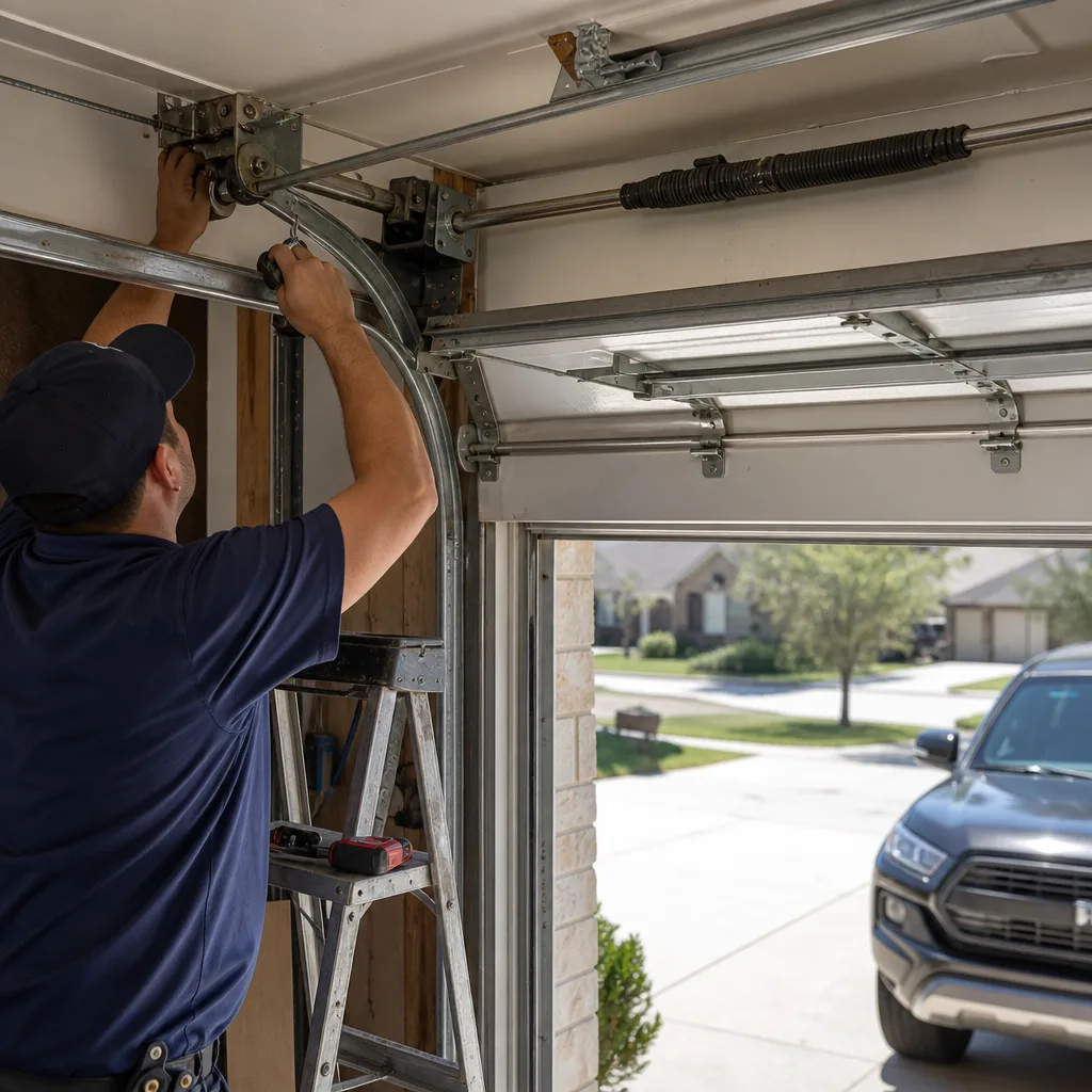Technician performing professional garage door opener installation and repair services.