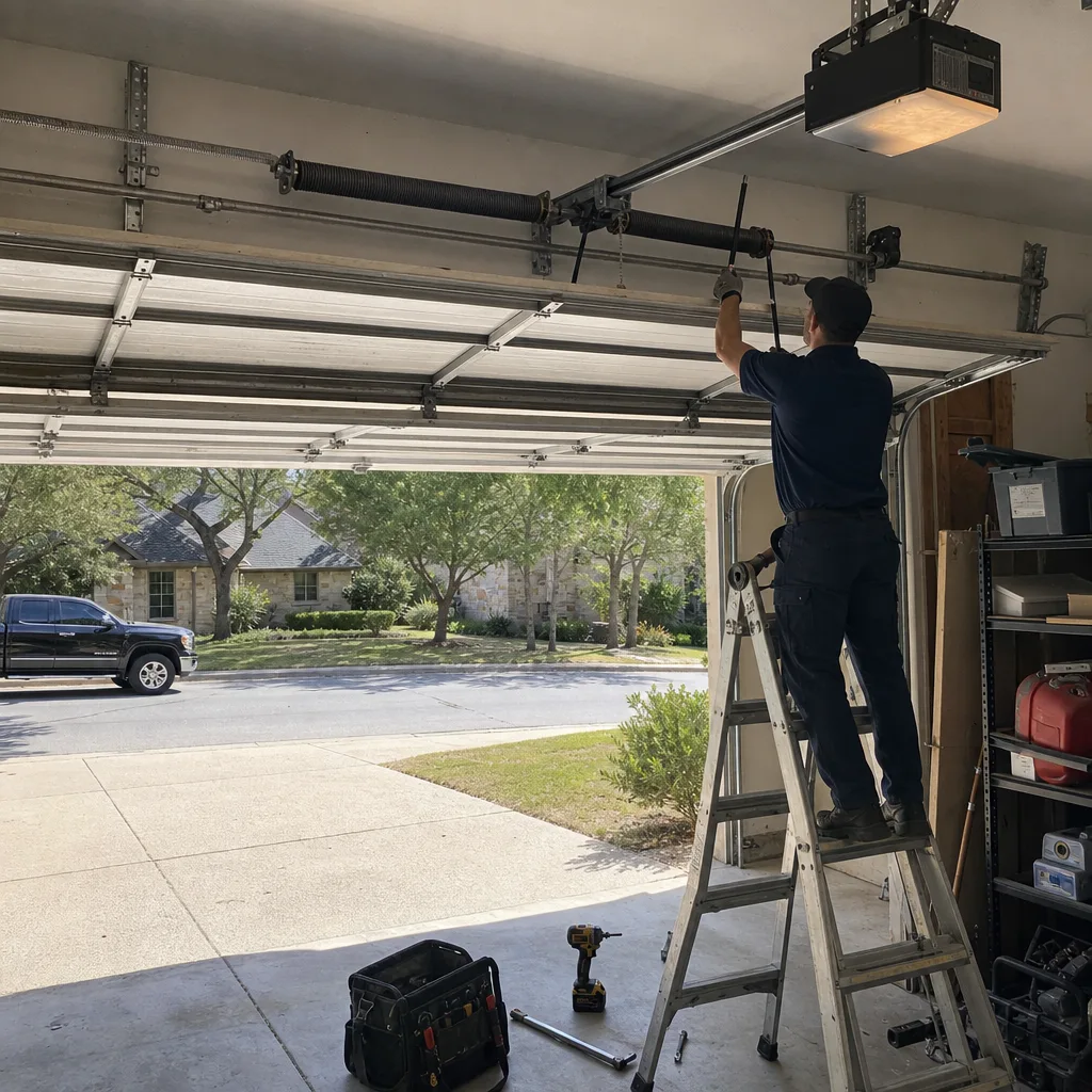 Technician performing garage door spring repair in a residential garage