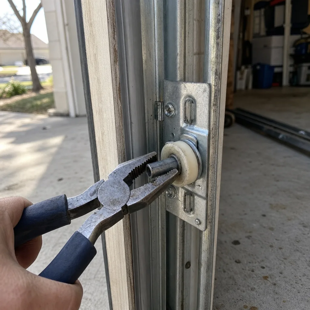 Technician using pliers to repair a garage door roller